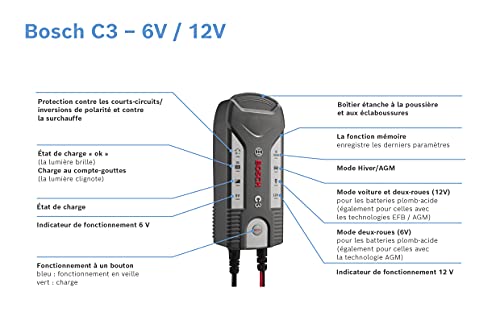 Bosch C3 - chargeur de batterie intelligent et automatique - 6V/12 V / 3.8 A