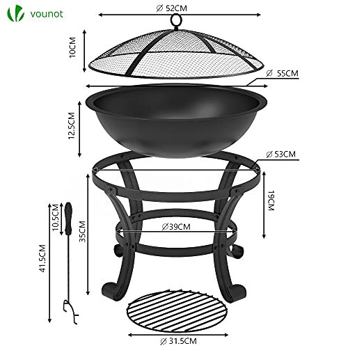 VOUNOT Brasero de Jardin Extérieur Ø55cm avec Grille Tisonnier et Couvercle Brasero de Jardin Chauffage à Charbon de Bois Foyer pour Terrasse Patio Cour