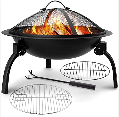 Amagabeli Brasero Extérieur Portable Brasero de Jardin 52cm Brasero Barbecue Exterieur terrasse avec Grille Capot étincelles Tisonnier Cheminée Camping et Le Pique-Nique 52cm Acier Pliant Brasero