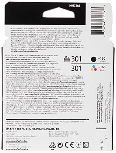 HP 301 Pack de 2 Cartouches d'Encre Noire et Trois Couleurs Authentiques (N9J72AE)