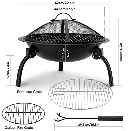 Amagabeli Brasero Extérieur Portable Brasero de Jardin 52cm Brasero Barbecue Exterieur terrasse avec Grille Capot étincelles Tisonnier Cheminée Camping et Le Pique-Nique 52cm Acier Pliant Brasero