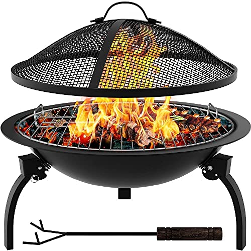 Amagabeli Brasero Extérieur Portable Brasero de Jardin 52cm Brasero Barbecue Exterieur terrasse avec Grille Capot étincelles Tisonnier Cheminée Camping et Le Pique-Nique 52cm Acier Pliant Brasero