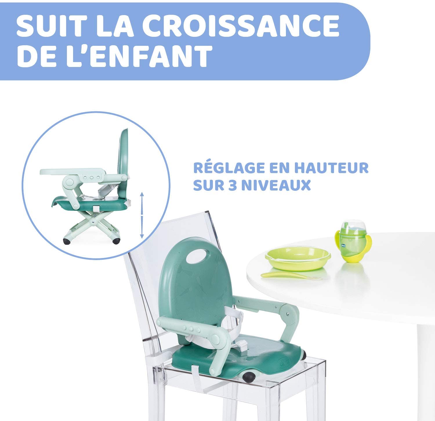 Chicco Pocket Snack Rehausseur Chaise Bébé pour Enfants de 6 mois à 3 ans (15 kg), Chaise Haute Portable, Réglable, avec Fermeture Compacte et Plateau Amovible - Dark Grey