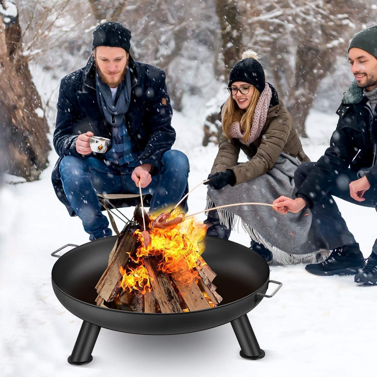 Amagabeli Brasero Foyer Extérieur de Jardin -Diamètre de 60cm Fire Pit Terrasse de Jardin Fire Bol Cheminée - avec Poignées BBQ Camping Brasero Panier á feu pour Portable Acier