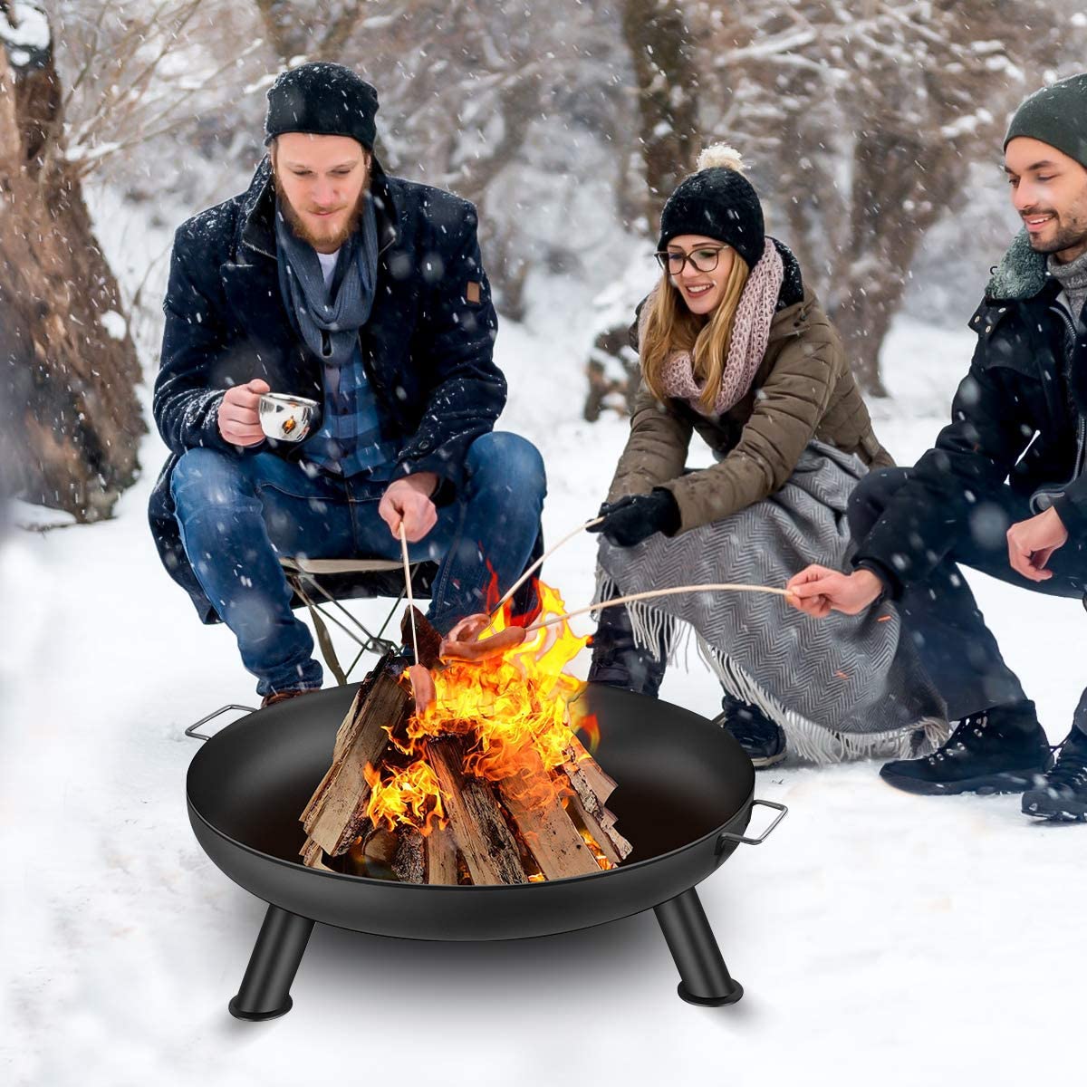 Amagabeli Brasero Foyer Extérieur de Jardin -Diamètre de 60cm Fire Pit Terrasse de Jardin Fire Bol Cheminée - avec Poignées BBQ Camping Brasero Panier á feu pour Portable Acier