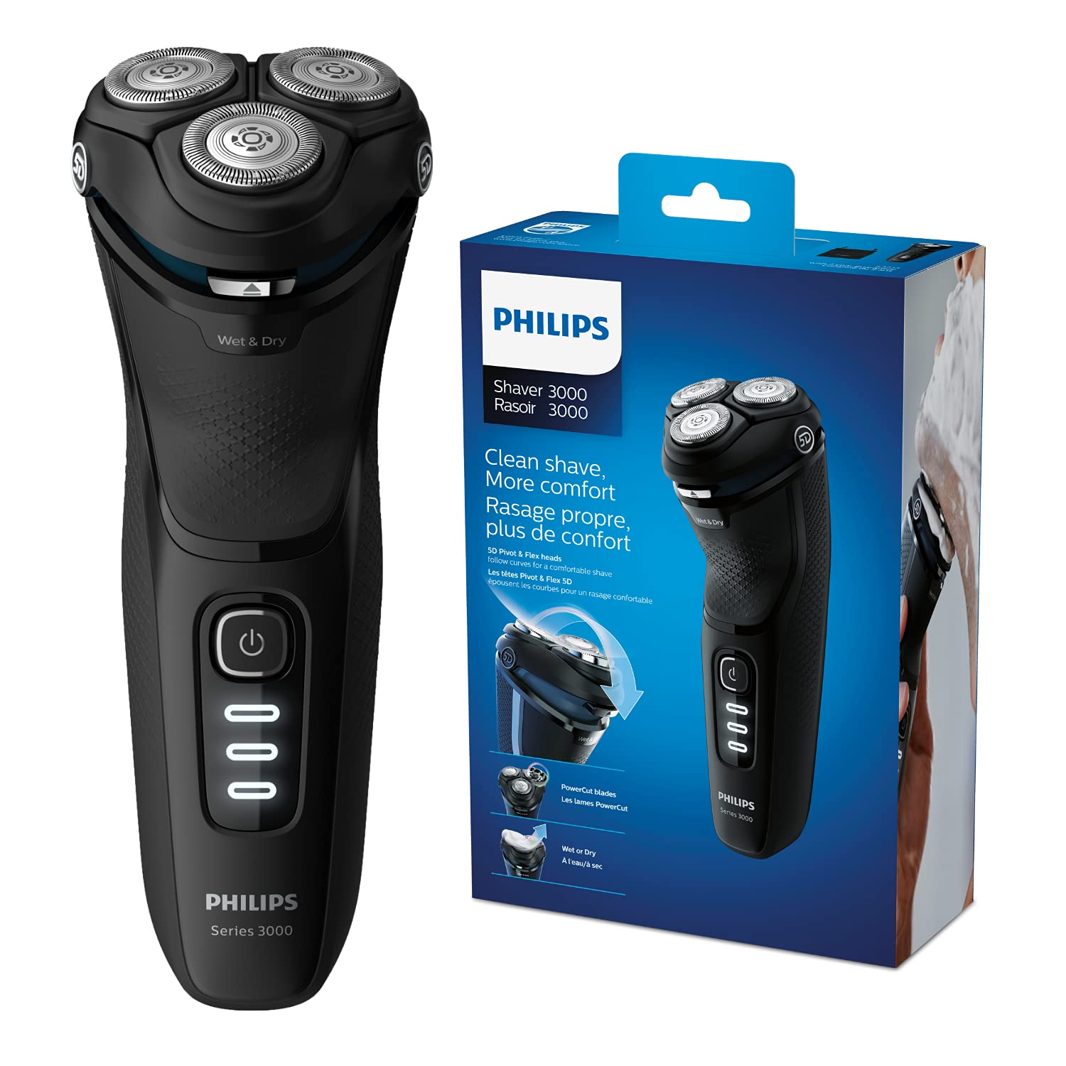 Philips S3233/52 Rasoir Electrique Séries 3000, 100 % Etanche, Têtes 5D Pivot & Flex