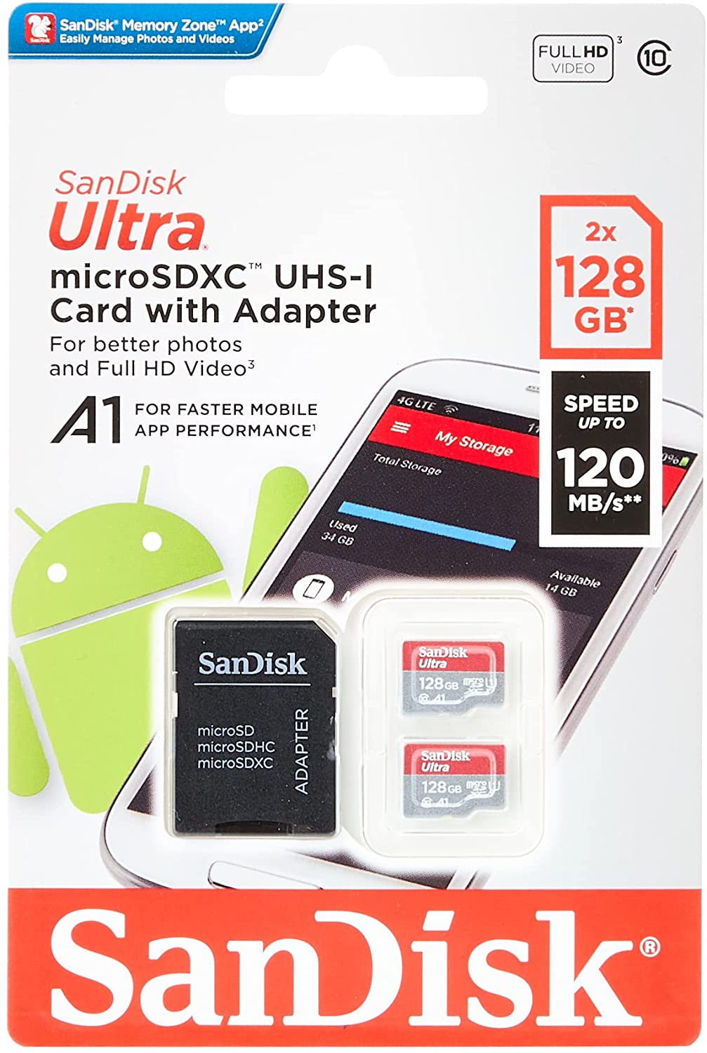 SanDisk Carte Mémoire microSDXC Ultra 256 Go + Adaptateur SD. Vitesse de Lecture Allant jusqu'à 120MB/S, Classe 10, U1, homologuée A1