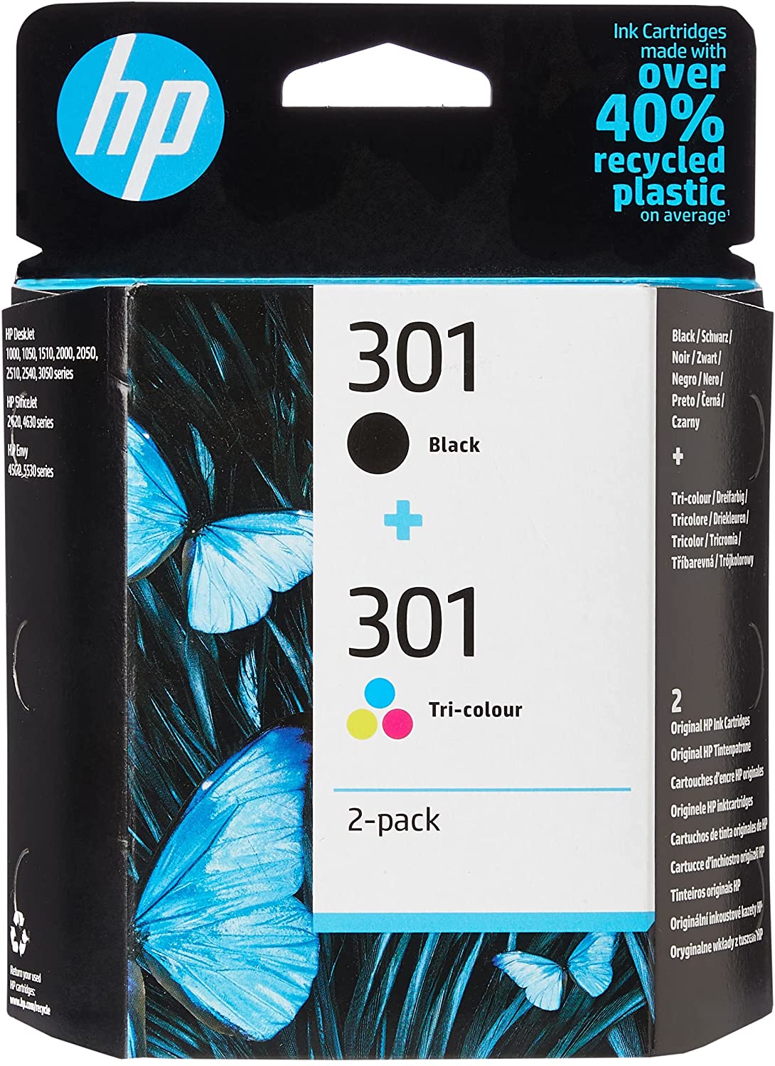 HP 301 Pack de 2 Cartouches d'Encre Noire et Trois Couleurs Authentiques (N9J72AE)