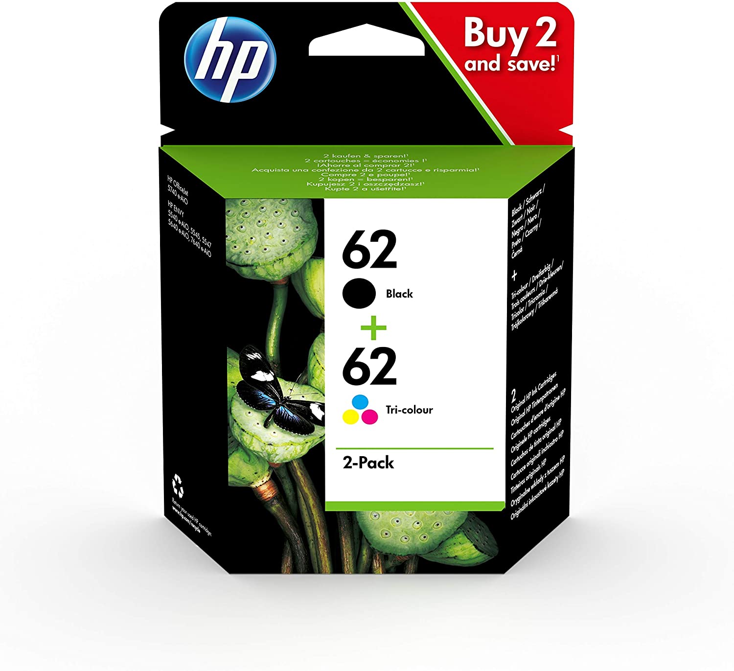 HP 62 Pack de 2 Cartouches d'Encre Noire et Trois Couleurs Authentiques (N9J71AE)