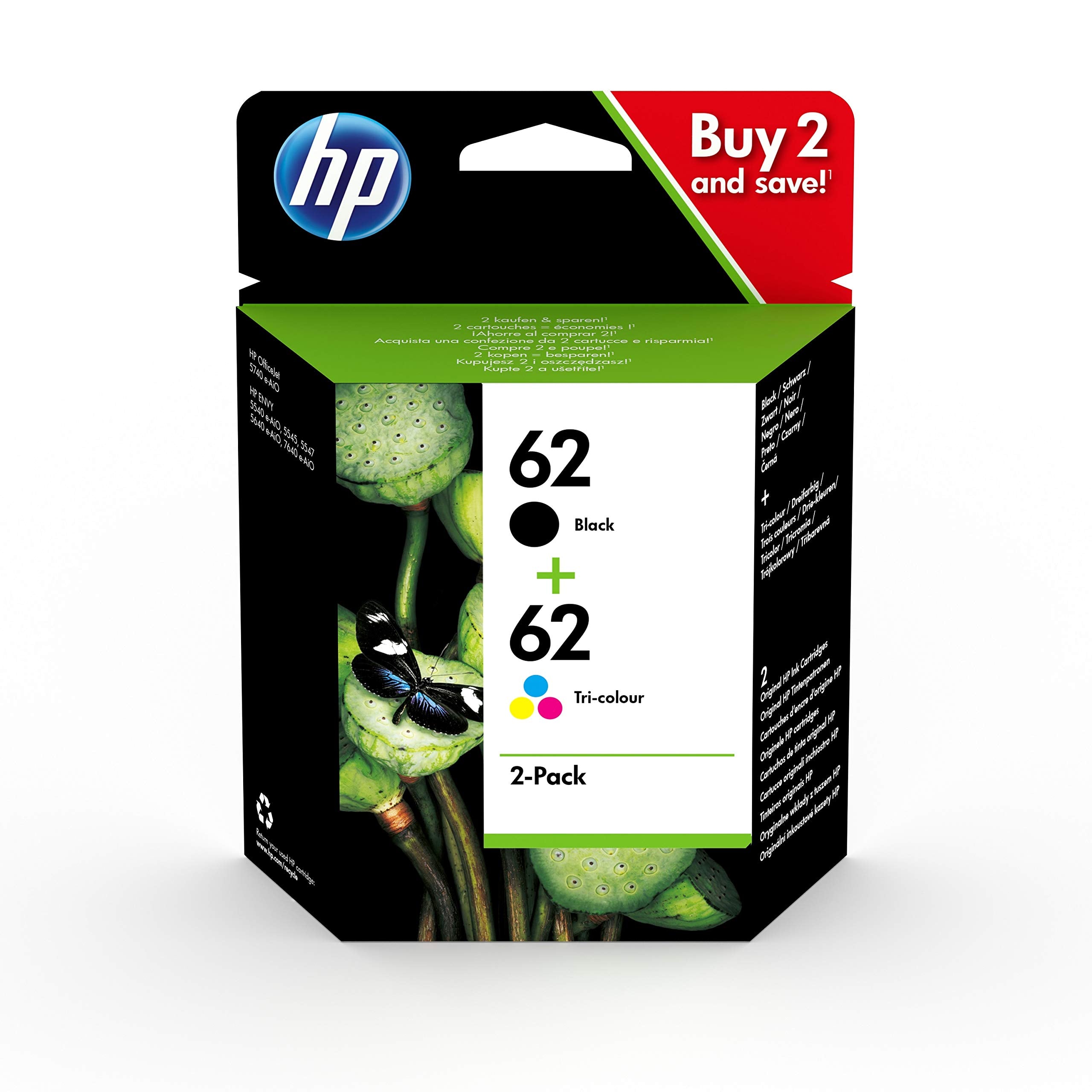 HP 62 Pack de 2 Cartouches d'Encre Noire et Trois Couleurs Authentiques (N9J71AE)