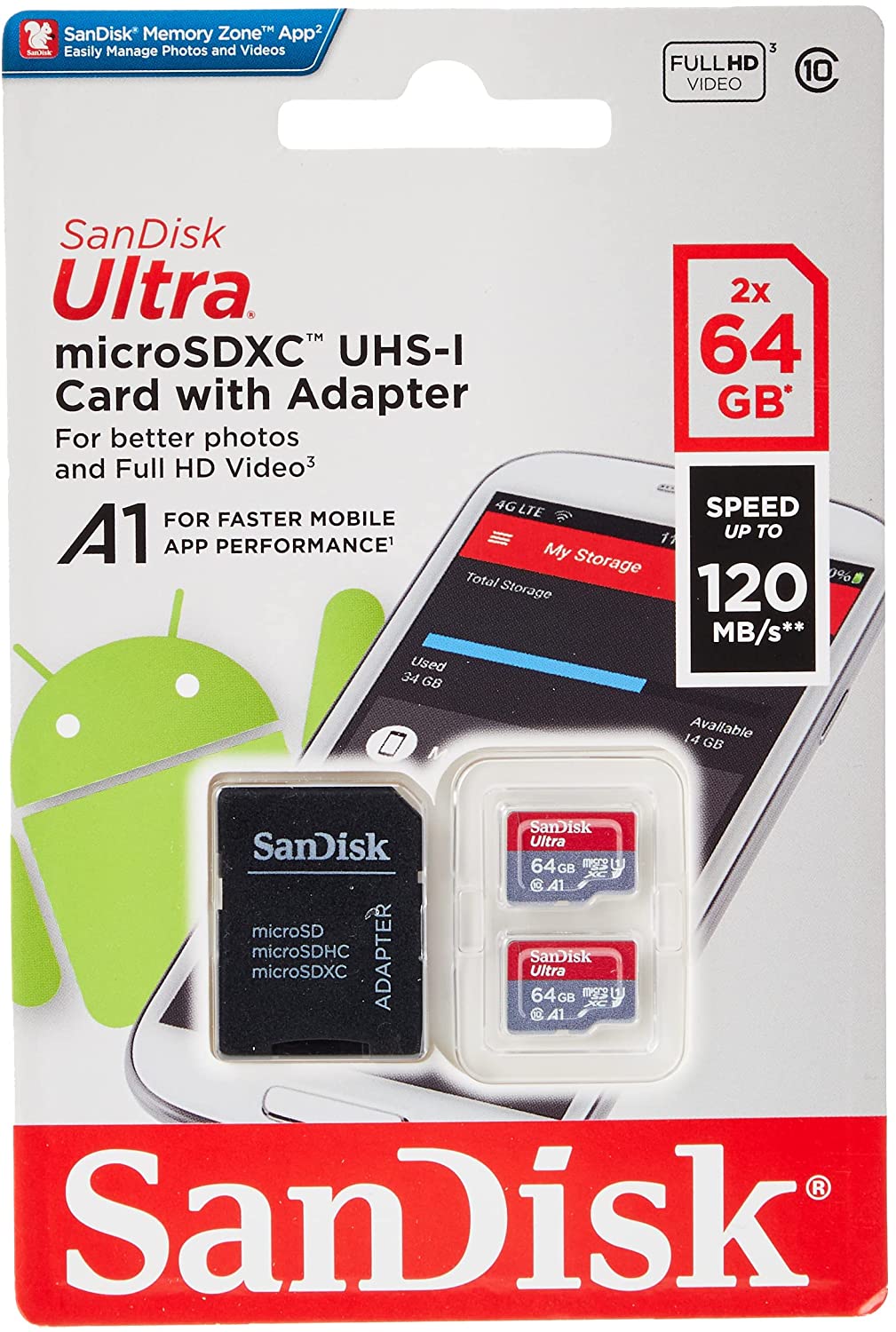 SanDisk Carte Mémoire microSDHC Ultra 32 Go + Adaptateur SD. Vitesse de Lecture Allant jusqu'à 120MB/S, Classe 10, U1, homologuée A1