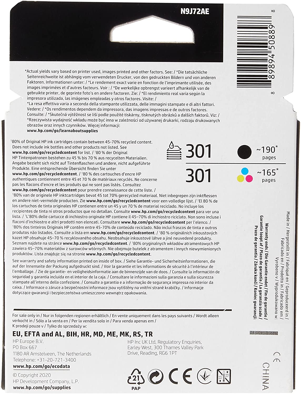 HP 301 Pack de 2 Cartouches d'Encre Noire et Trois Couleurs Authentiques (N9J72AE)