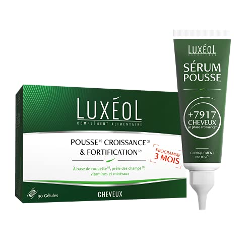 Luxéol Pousse Croissance & Fortification 3 mois, Favorise la Pousse des Cheveux, Complément Alimentaire, 90 Gélules